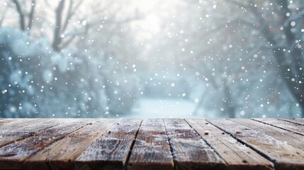 Fototapete - The background of the table top is of snowfall and the holiday is Christmas day. The table top may be used for holidays, Christmas day, and the new year.