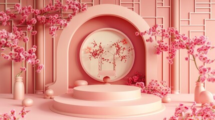 Poster - Background of Chinese style with podium for displaying products. Rendering in 3D.
