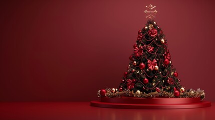 Aufkleber - Background with red Christmas podium and Christmas tree. Rendering in 3D.