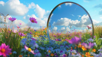Poster - 3D rendering of sky reflection on spring flower field.