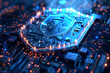 © Dinusha - Glowing digital shield guards data. Secure cyberspace concept. Modern, blue & white.