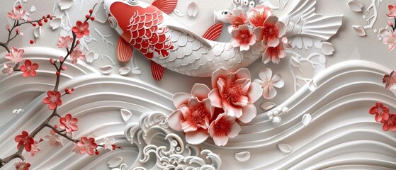 Leinwandbilder - Card modern with beckoning cat, snow crab, carp, cherry blossom flower, and beckoning flower.