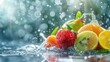 © mg photo - Fresh tropical fruits background with water splashes created with Generative AI