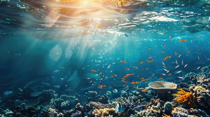 Wall Mural - Underwater scene with vibrant coral reef and tropical fish under sunlit water