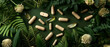 Nutritional supplement background. Capsules or pills on the green leaf. Mockup for heals supporting, vitamins. Herbal organic medicine treatment. Generative ai