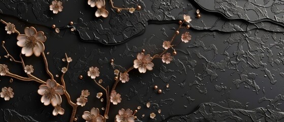 Wall Mural - An Asian-style logo design with a geometric logo design featuring a cherry blossom flower. Soft floral pattern template with gold and black texture.