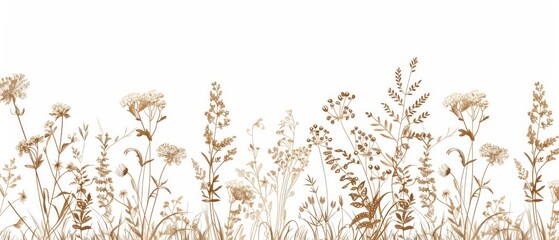 Wall Mural - Modern illustration of a brown meadow of flowers and herbs isolated on a white background, suitable for design elements and wedding moderns. Hand drawn illustration.