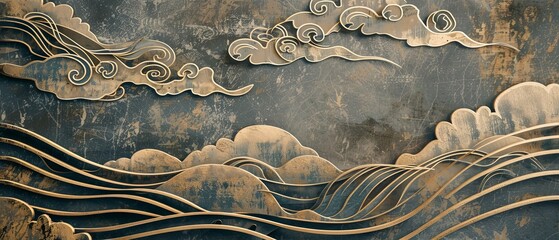 Leinwandbilder - Stylish Japanese background with hand-drawn nature elements. Abstract art template.
