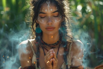 A serene woman with tribal adornments prays surrounded by smoke in a natural setting