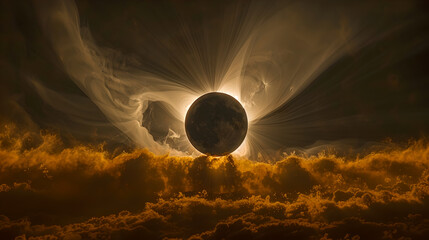 Wall Mural - Celestial Eclipse with Rays Piercing Cloudy Skies, Generative AI