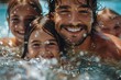 A joyful man with two kids playing and smiling in the water, capturing a happy family moment