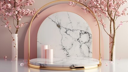 Leinwandbilder - 3d render of a beauty fashion luxury podium backdrop. Gold, marble and pink.