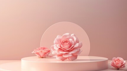 Poster - Pink rose flowers on a natural beauty podium backdrop. 3d render.