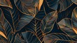 Wallpaper with golden leaves in art deco style. Plant line art on trendy colors. Modern illustration.