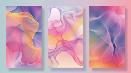 Fototapete - Set of modern posters with vibrant graphic colors, holograms, lines. Minimal with pastel color design for flyer brochures, backgrounds, wallpapers, and banners.