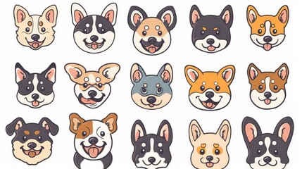 Aufkleber - A cute set of smiling dog heads isolated on white background. Animal character design of corgi, beagle, poodle in flat color. Illustration for stickers, comics, and prints.