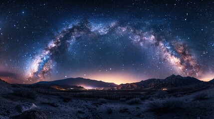 Wall Mural - Epic Panoramic astrophotography of visible Milky Way galaxy. Stardust at night sky