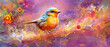  happy cute bird in flower blossom atmosphere golden oil paint abstract art