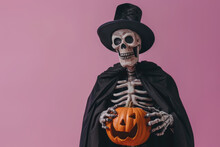 Man In A Halloween Costume. A Skeleton In A Black Cloak And Top Hat On A Light Purple Background