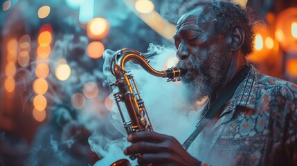 Wall Mural - Soulful Musician Playing Saxophone with Intensity, generative ai