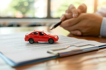 Person signs car insurance contract with insurance company. There is red miniature car stands on documents. Property and car insurance concept