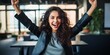 © Mountains Hunter - The young girl raised her fists in the air in delight. Successful businesswoman in the office. Generative AI.