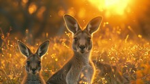 Australian Wildlife: Kangaroo And Joey At Sunrise, Generative Ai