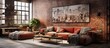 Cozy living room with brick walls and a comfortable couch