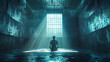 Praying prisoner in futuristic steel cell, ray of light, unbroken spirit, vast copy space