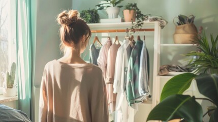 Wall Mural - A woman is standing in front of a closet with a bunch of clothes hanging on it