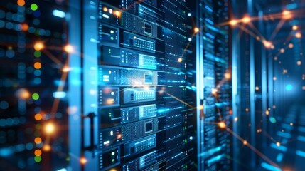 database table with server storage and network in datacenter background
