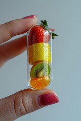 Wall Mural - Fingers holding a mini pill inside with fruits on white soft background, Vitamins supplements