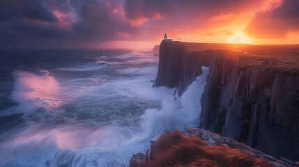 Wall Mural - Stormy Sunset at Historic Lighthouse, generative ai