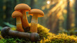 Mushrooms growing in the evergreen forest, light shining down on the forest.