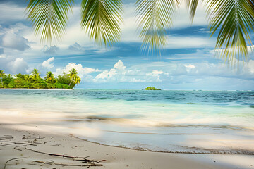 Wall Mural - Sandy tropical beach with island on background