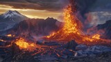 Fototapeta  - A dramatic 3D rendering of a volcanic eruption, capturing the power and fury of molten lava spewing from the Earth's core.