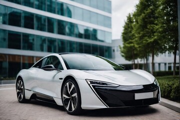 Futuristic EV car in front of a modern building with copy space.