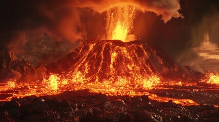 A dramatic 3D rendering of a volcanic eruption, capturing the power and fury of molten lava spewing from the Earth's core.