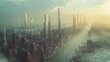 A futuristic city skyline dominated by towering skyscrapers built and maintained by robots, depicting a world shaped by AI technology.