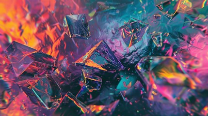 A glitchy abstract background with distorted geometric shapes and vibrant neon colors, reminiscent of a digital world.