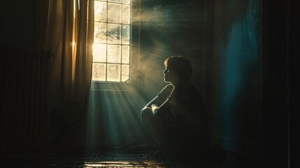 Wall Mural - A person is sitting in a dark room with a window