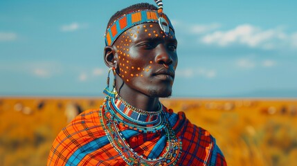 Wall Mural - Beaded Beauty: Maasai Warrior in the Wild, generative ai