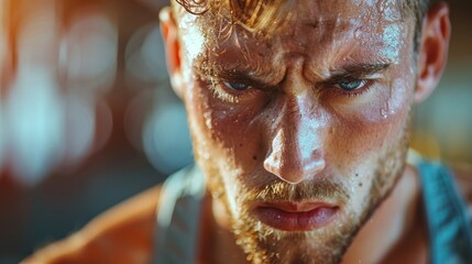 Canvas Print - A man with a beard and sweat on his face. He looks tired and exhausted