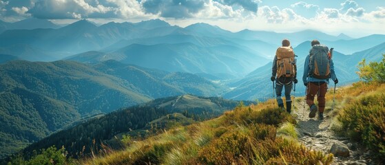 Wall Mural - Two men are hiking up a mountain with backpacks