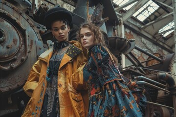 Wall Mural - Two women in vintage clothing pose in front of a train engine