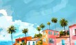 A vibrant gouache illustration of the French Riviera, with pastel pink and orange tones,Generative AI 
