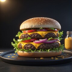 Wall Mural - Big cheeseburger on black background