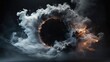 Circular Gray Smoke explodes outward, with dramatic smoke or fog effect with a scary Dark background