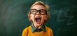 © SA Studio - A child with glasses, excitedly shouting in front of the blackboard