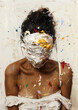A striking abstract image capturing a woman with her face and upper body smeared with multicolored paint against a white background, invoking a sense of concealment and artistic chaos